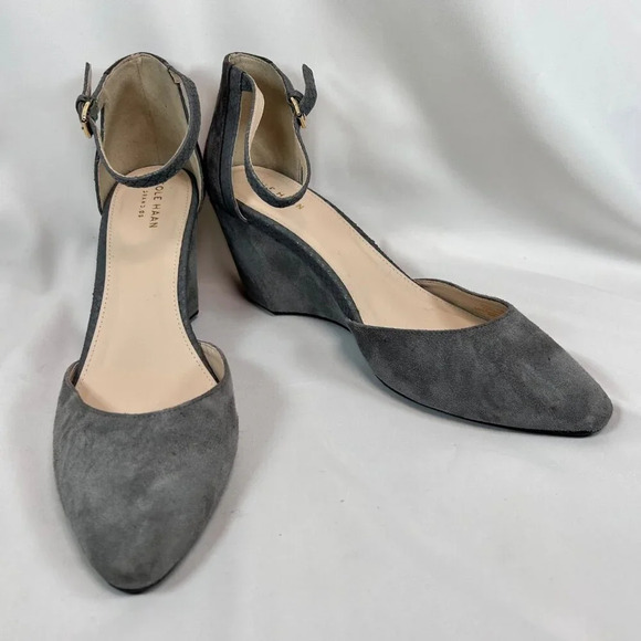 Cole Haan Grand OS Lara Size 9.5 Suede Wedge Heels Ankle Strap Snakeskin Gray - Picture 2 of 11